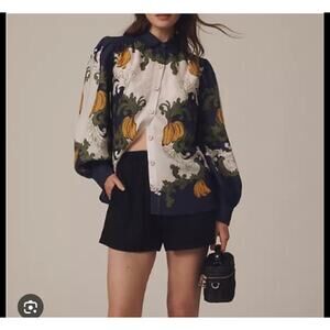 Farm Rio x Anthropologie Puff-Sleeve Printed Buttondown Blouse banana large